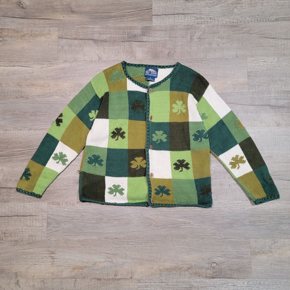 Rey Wear Hand Knitted Cotton Shamrock Patchwork Cardigan Sweater Green Large